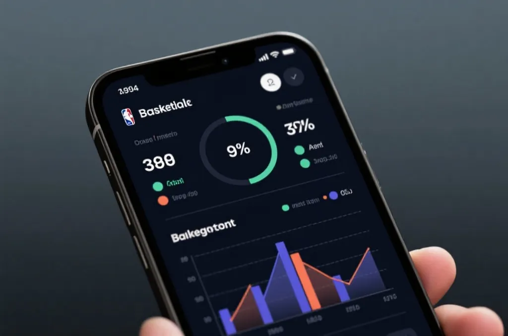 A close-up of a mobile phone screen displaying professional basketball match statistics and live data charts