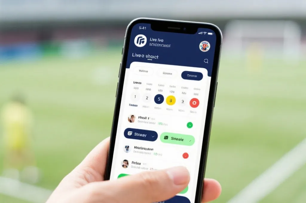 A clean and modern user interface of a sports application on a mobile screen, showcasing live match schedule and stream options.