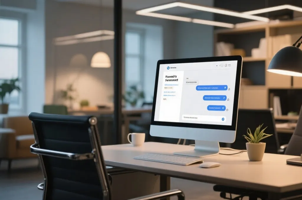 A modern professional workspace with a computer screen showing a friendly customer support chat interface, cozy lighting, high-end design