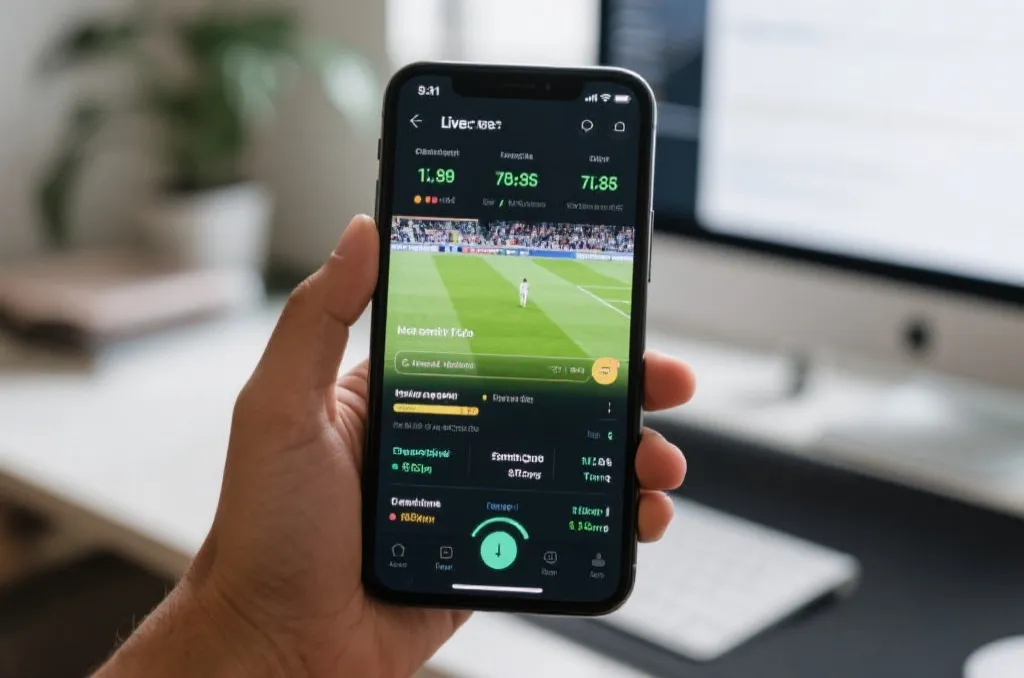 A smartphone displaying a generic live sports match stream with a neat semi-transparent overlay of performance stats, editorial workspace background