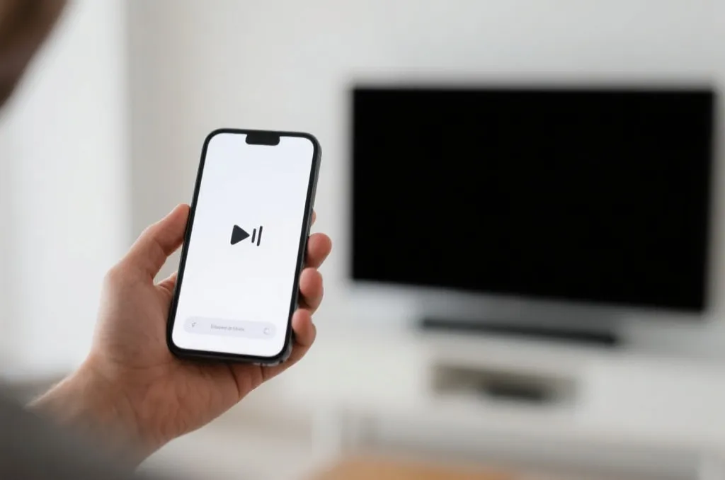 A user holding a smartphone showing an app interface with a wireless casting icon, pointing it towards a TV screen